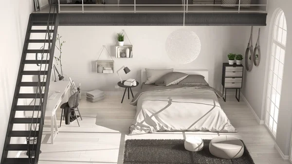 Scandinavian white minimalist loft bedroom, top view, classic in