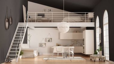 İskandinav minimalist çatı, tek odalı daire ile beyaz kitc