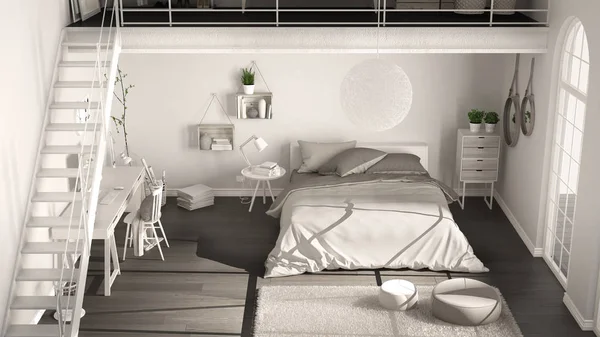 İskandinav beyaz minimalist çatı katı yatak odası, üstten görünüm, klasik — Stok fotoğraf