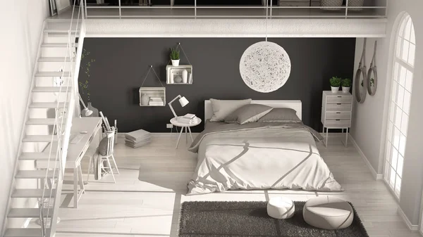 斯堪的纳维亚的白色和灰色的极简主义阁楼卧室、 顶视图、 c — 图库照片