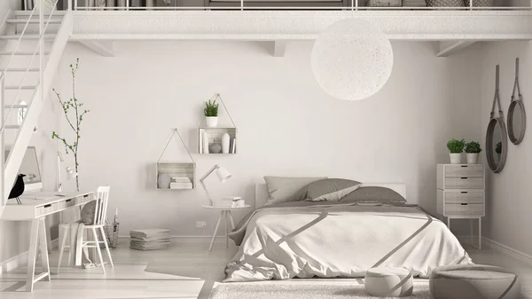 Escandinavo dormitorio loft minimalista con oficina en casa, clásico i — Foto de Stock