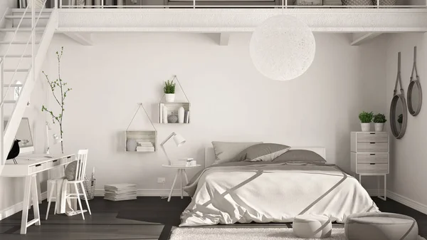 Loft scandinavo minimalista camera da letto con home office, classico i — Foto Stock