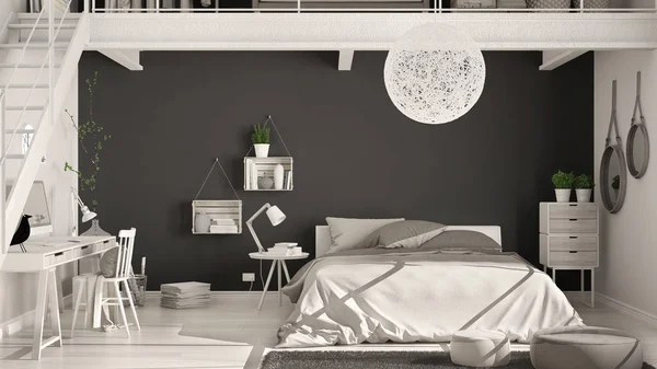 Skandináv minimalista tetőtéri hálószoba otthoni irodában, sötét fekete — Stock Fotó