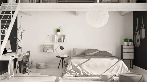 Scandinavian minimalist loft bedroom with home office, classic i