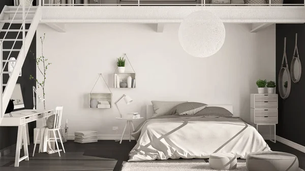 İskandinav minimalist çatı katı yatak odası ev ofis, klasik ile ben — Stok fotoğraf
