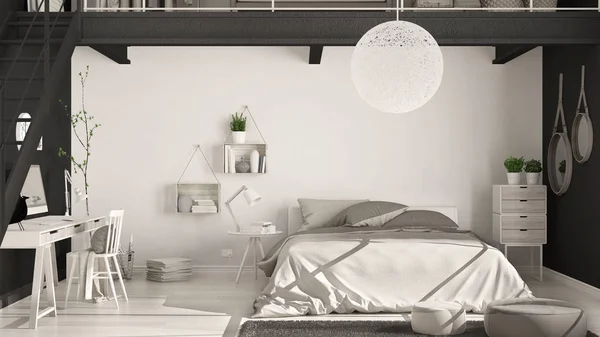 Skandynawskie minimalistyczny sypialn z home office, klasyczne i — Zdjęcie stockowe