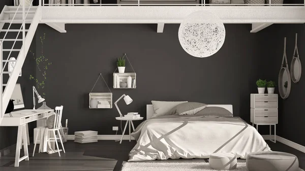 Scandinavische minimalistische loft slaapkamer met kantoor aan huis, donkere zwart — Stockfoto