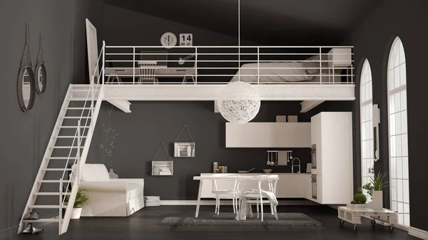 Loft minimalista escandinavo, apartamento de um quarto com kitc branco — Fotografia de Stock