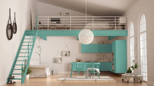 Scandinavian minimalist loft, one-room apartment with turquoise