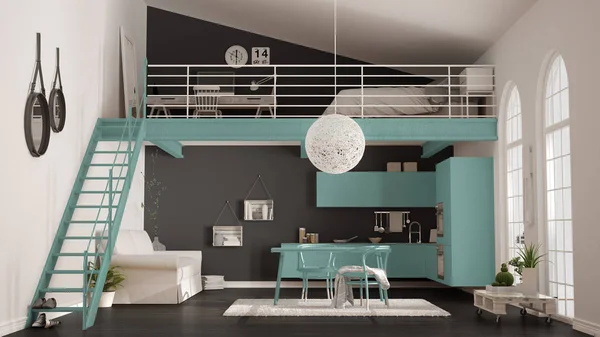 Scandinavian minimalist loft, one-room apartment with turquoise — Stock Photo, Image