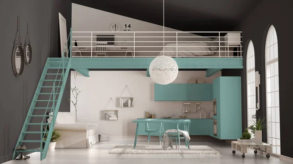Skandynawskie minimalistyczny loft, Jednopokojowy Apartament z turkusem — Zdjęcie stockowe