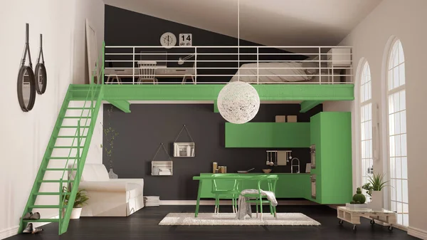 Mansardă minimalistă scandinavă, apartament cu o cameră cu kitc verde — Fotografie, imagine de stoc