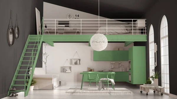 Scandinavian minimalist loft, one-room apartment with green kitc — Stock Photo, Image