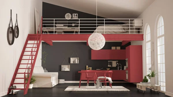 Loft minimalista escandinavo, apartamento de um quarto com cozinha vermelha — Fotografia de Stock