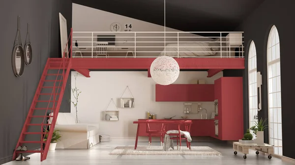 斯堪的纳维亚的简约阁楼，带红色厨房一居室公寓 — 图库照片
