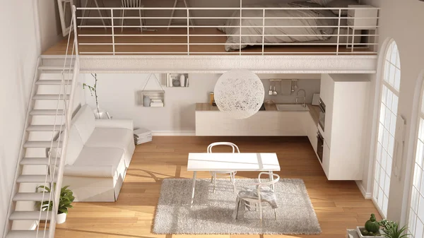 Skandinávská minimalistický loft, jednopokojový byt s bílou kuch — Stock fotografie