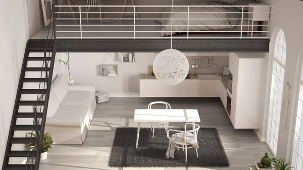 Skandynawskie minimalistyczny loft, Jednopokojowy Apartament z anekse biały — Zdjęcie stockowe