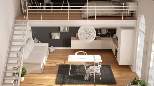 Skandynawskie minimalistyczny loft, Jednopokojowy Apartament z anekse biały — Zdjęcie stockowe