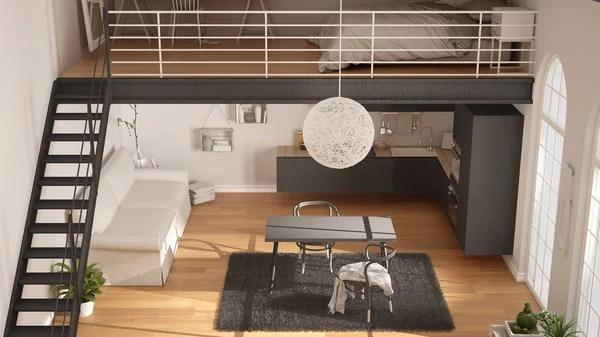 Scandinavische minimalistische loft, een-kamer appartement met grijze kitch — Stockfoto