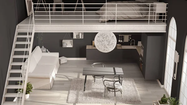 Скандинавські мінімалістський лофт, однокімнатні квартири з сірими дівч — стокове фото