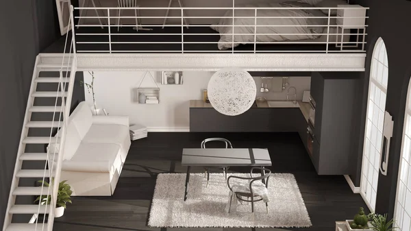 Loft minimalista escandinavo, apartamento de um quarto com kitch cinza — Fotografia de Stock