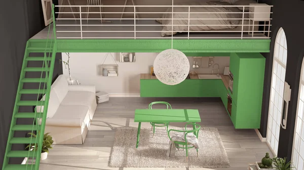 Скандинавский минималистский лофт, однокомнатная квартира с зеленым китчем — стоковое фото