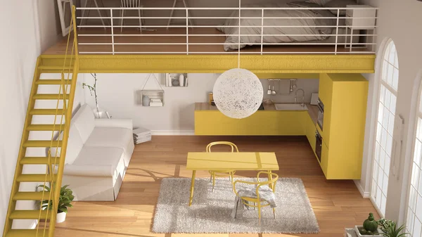 Скандинавські мінімалістський лофт, однокімнатні квартири з жовтими kit — стокове фото