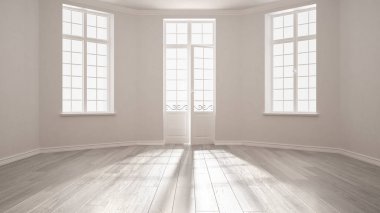 Boş oda ile büyük pencereler reklam parke zemin, minimalist klasik