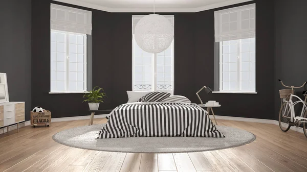 Minimalist İskandinav beyaz yatak odası klasik modern iç mekan tasarımları — Stok fotoğraf