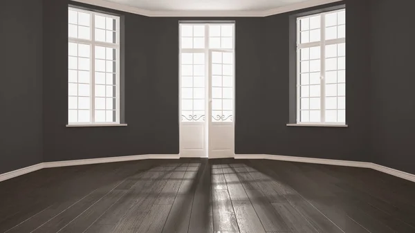 Habitación vacía con grandes ventanas y suelo de parquet, minimalista clásico —  Fotos de Stock