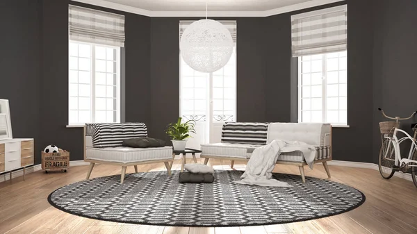Скандинавская минималистская гостиная с диваном, креслом и карпом — стоковое фото