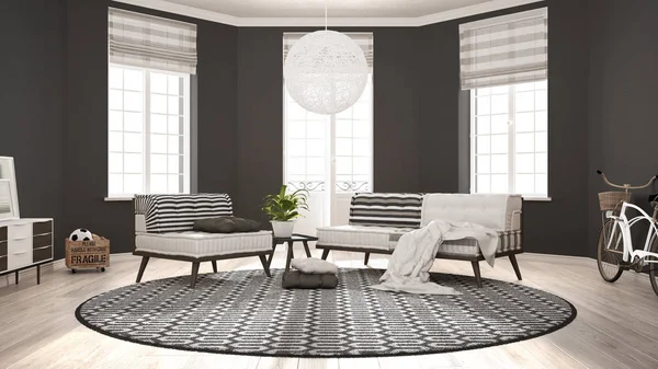 Скандинавская минималистская гостиная с диваном, креслом и карпом — стоковое фото