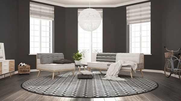 Skandynawskie minimalistyczny salon z sofą, fotelem i karpia — Zdjęcie stockowe