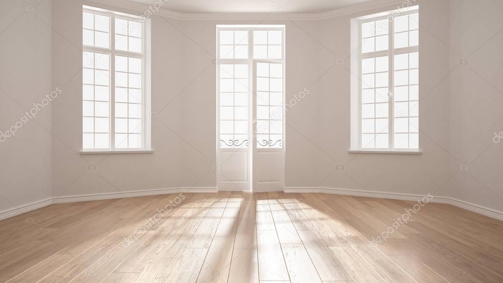 Empty room with big windows ad parquet floor, minimalist classic