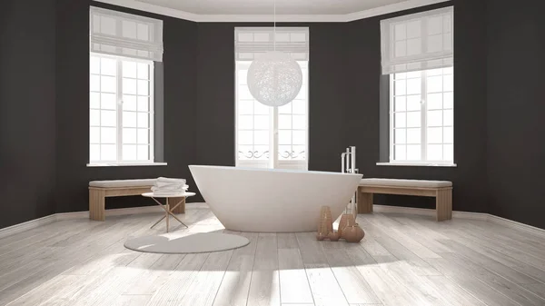 Zen klassieke wellness badkamer met badkuip, minimalistische Scandinavische ik — Stockfoto