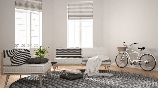 Scandinavian minimalist living room with sofa, armchair and carp