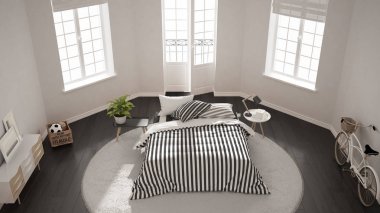 Minimalist modern beyaz yatak odası klasik nordic iç tasarım,