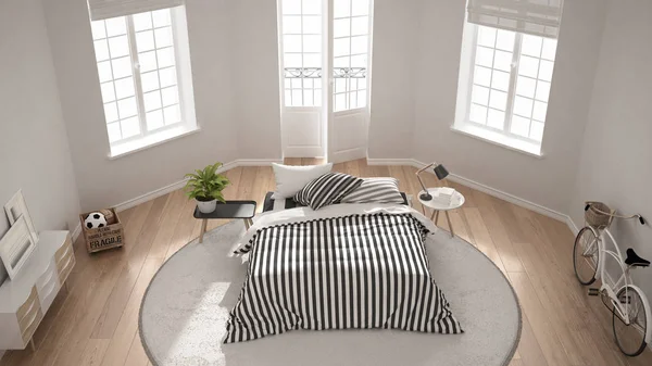 Camera da letto bianca moderna minimalista, design classico nordico degli interni , — Foto Stock