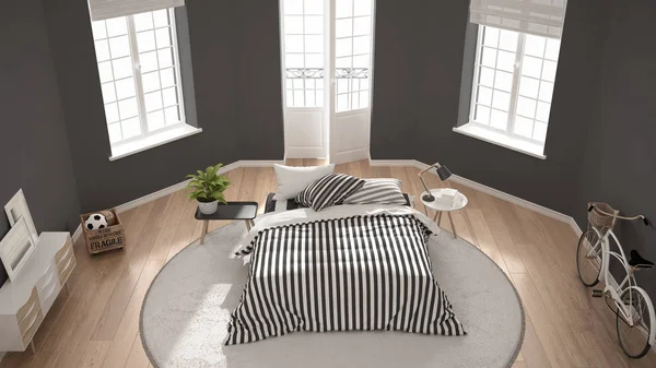 Camera da letto bianca moderna minimalista, design classico nordico degli interni , — Foto Stock
