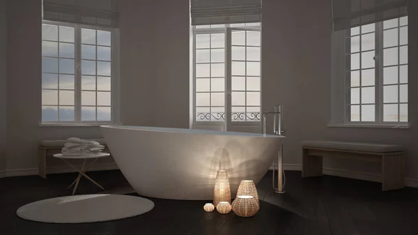 Velas iluminadas dentro de un baño minimalista, spa zen interi — Foto de Stock