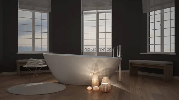 Verlichte kaarsen in een minimalistische badkamer, Wellness zen interi — Stockfoto