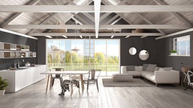 Minimalist asma kat, mutfak, yaşam ve yatak odası, ahşap...