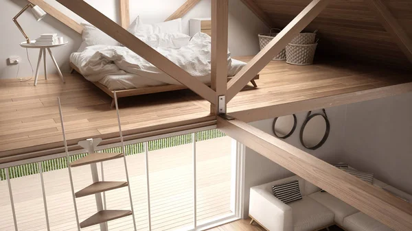 Soppalco soppalco camera da letto, scale e soggiorno con divano, minimalista — Foto Stock