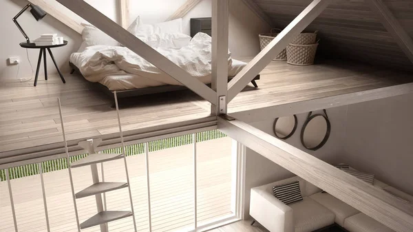 Sypialnia na poddaszu antresoli, schody i życie z sofą, minimalistyczny — Zdjęcie stockowe