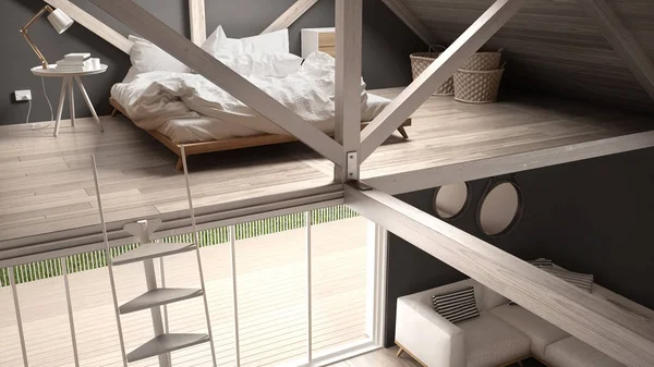 Mezzanine loft quarto, escadas e viver com sofá, minimalista — Fotografia de Stock