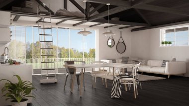 Minimalist asma kat, mutfak, yaşam ve yatak odası, ahşap...