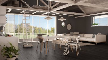 Minimalist asma kat, mutfak, yaşam ve yatak odası, ahşap...