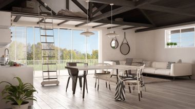 Minimalist asma kat, mutfak, yaşam ve yatak odası, ahşap...