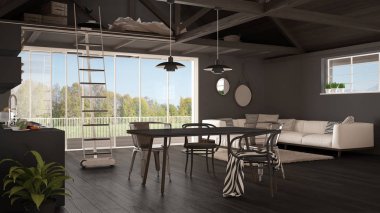 Minimalist asma kat, mutfak, yaşam ve yatak odası, ahşap...