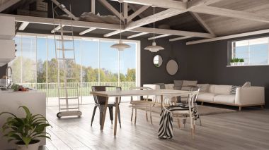 Minimalist asma kat, mutfak, yaşam ve yatak odası, ahşap...